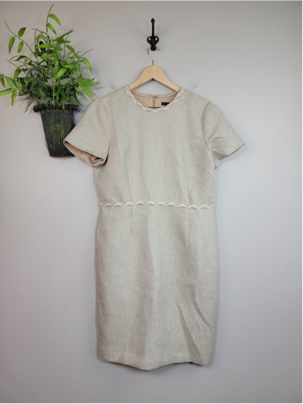 Ann Taylor Metallic Champagne Tweed Herringbone Sheath Dress Knee Length 14P